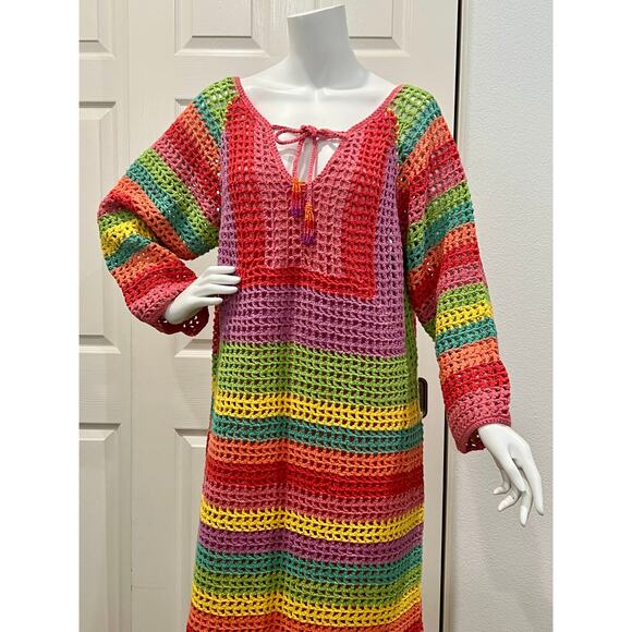 NWOT FARM RIO Striped Multicolor Crochet Dress beaded tassels Cover Up Large - Picture 12 of 16